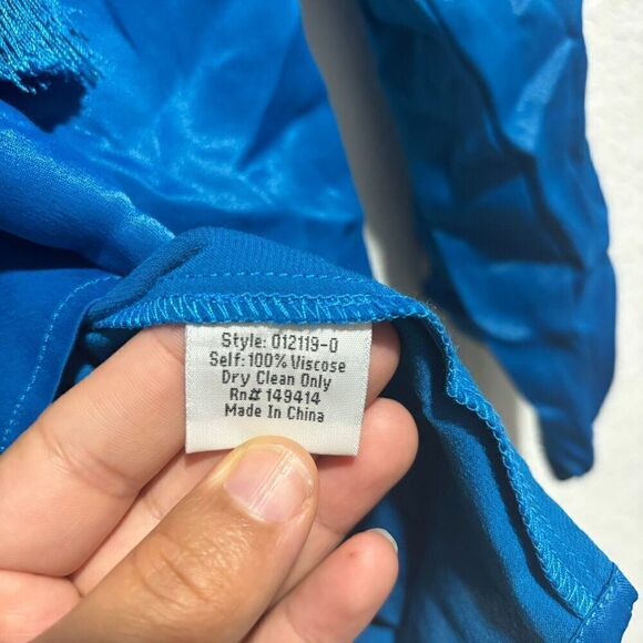 Johnny Was Calme Blouse Top Medium Royal Blue Satin Long Sleeve Tassel Tie Up - Picture 5 of 6